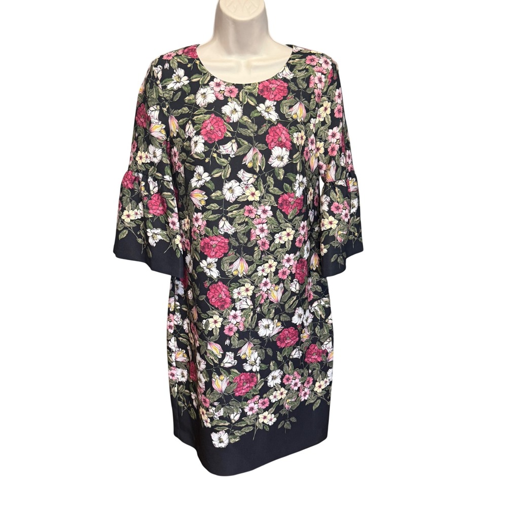Karl Lagerfeld Paris Floral Sheath Dress 2 Black Excellent Bell Sleeve all